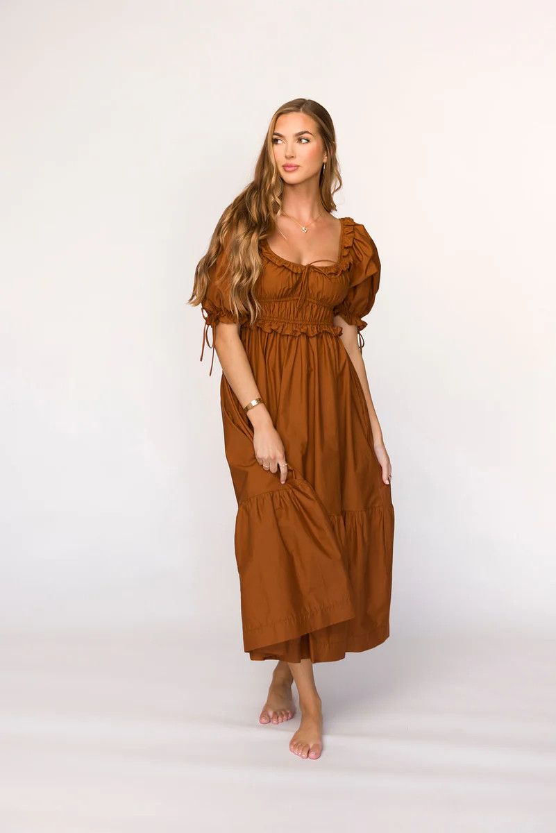 Crissy Ruched Midi Dress in Brown - Bump Friendly | Worth Collective