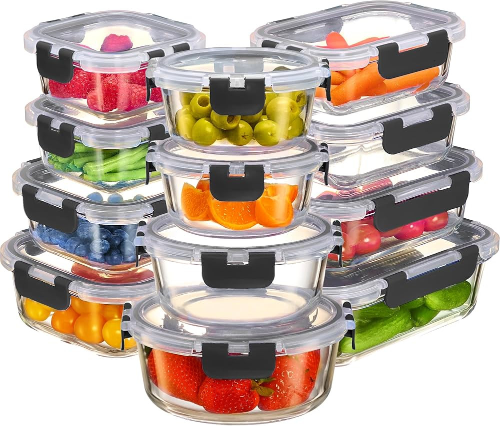 FineDine Glass Storage Containers with Lids - Leak Proof, Dishwasher Safe Glass Food Storage Containers for Meal Prep or Leftovers (Black, 24 Piece) | Amazon (US)