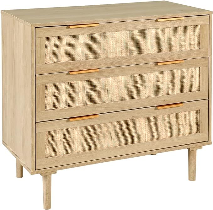 HOPUBUY 3 Drawer Dresser for Bedroom, Rattan Modern Closet Dressers Chest of Drawers, Wood Oak St... | Amazon (US)