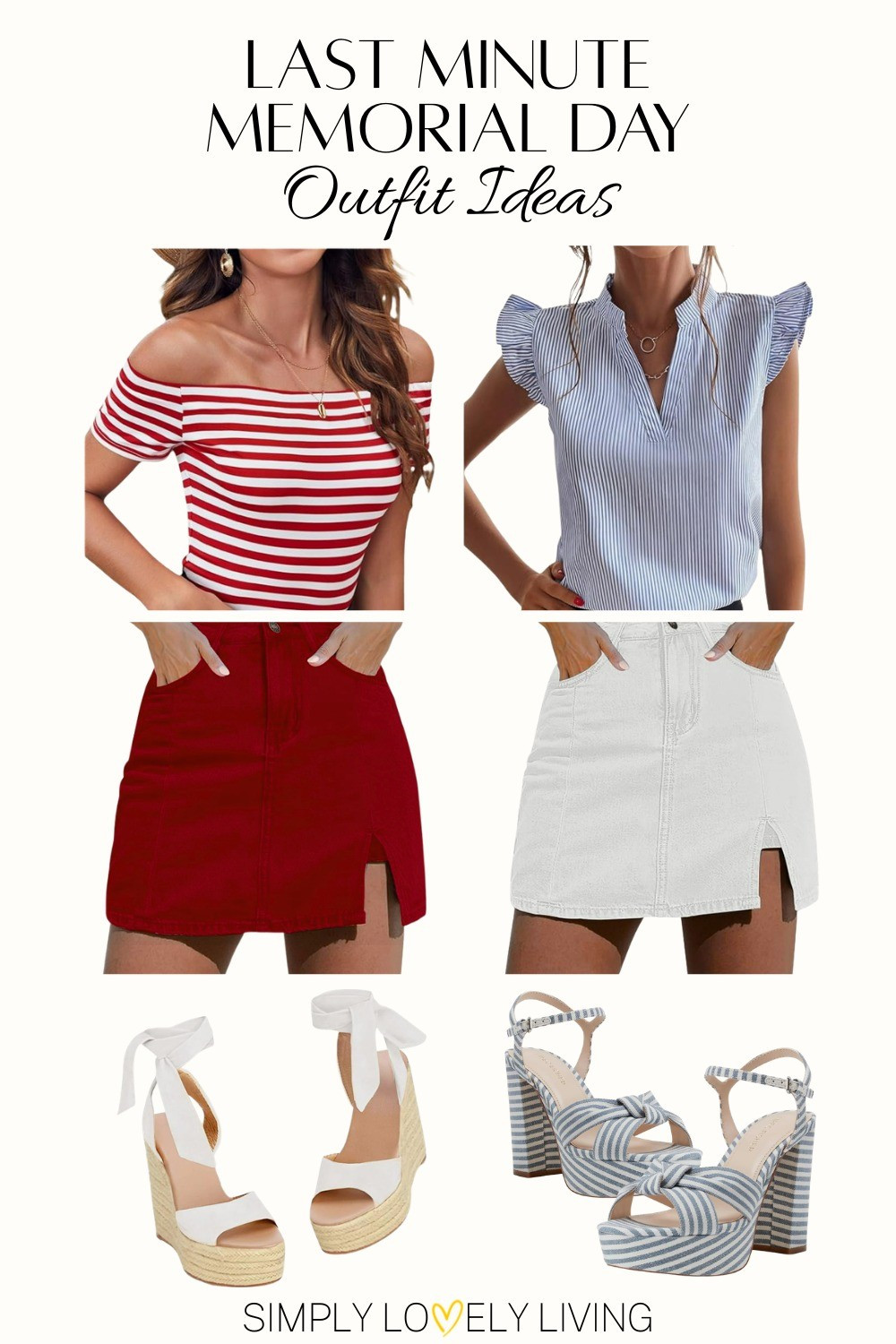 Last Minute Memorial Day outfit ideas! Red and white striped off the shoulder shirt with red jean skirt. Or blue and white ruffle shoulder shirt with white jean skirt. Cute white wedges. Blue and white striped heels! #memorialday #redwhiteandblue 

#LTKSeasonal #LTKTravel
