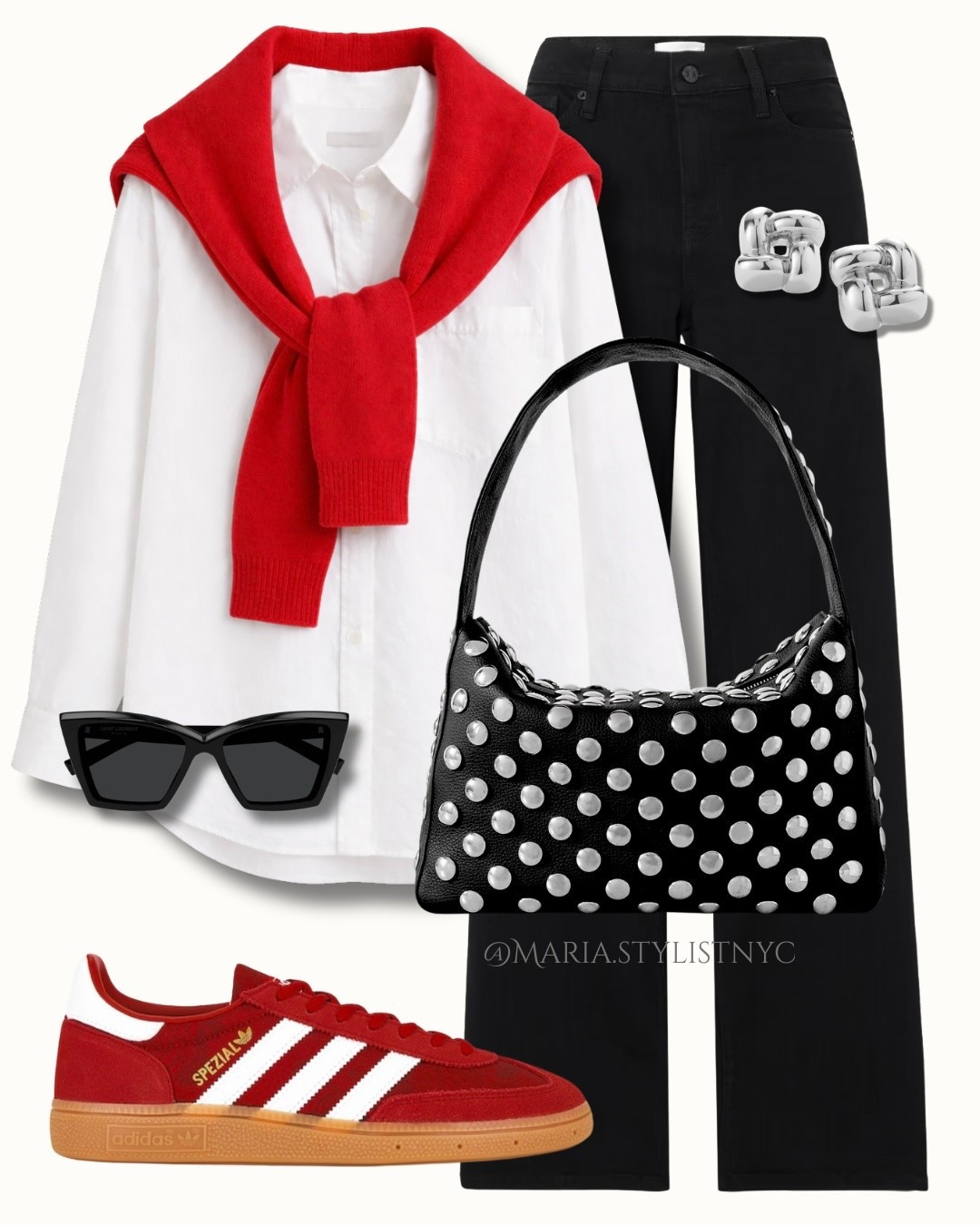 Effortless with a pop of red ❤️

This is one of those outfits you’ll reach for again and again—clean, classic, but with just enough edge.

Think: a crisp white shirt + wide leg black denim = your forever base. Then elevate it with bold red sneakers and a soft knit draped over the shoulders for that polished, off-duty feel.

The studded bag + sculptural earrings add just the right amount of statement without overpowering the look.

You can wear this for school runs, coffee, errands—or even casual meetings.

Everything is linked for you 🤍

#LTKSeasonal #LTKootd #LTKSaleAlert #LTKgrwm