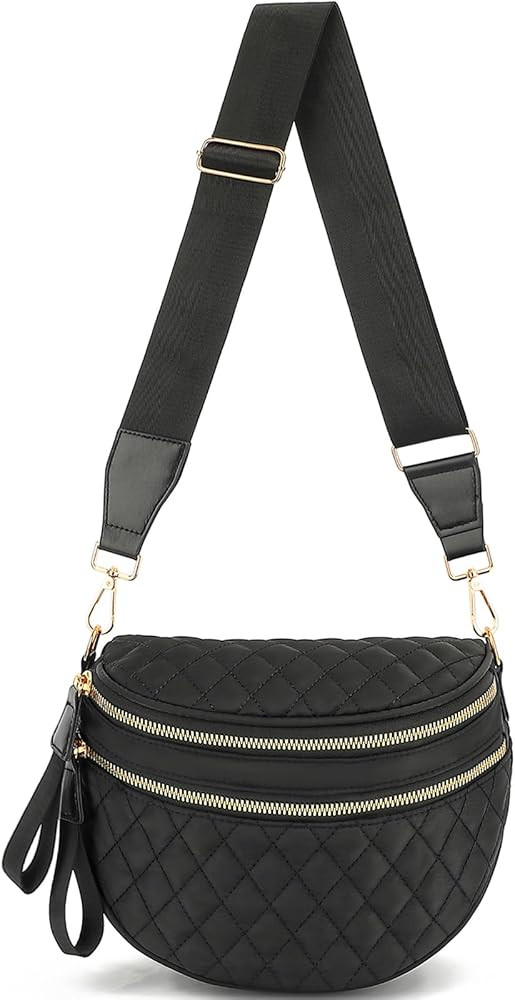 Bum Bag for Women Quilted Nylon Crossbody Shoulder Bag Large Belt Purse Fanny Packs (Black) | Amazon (US)