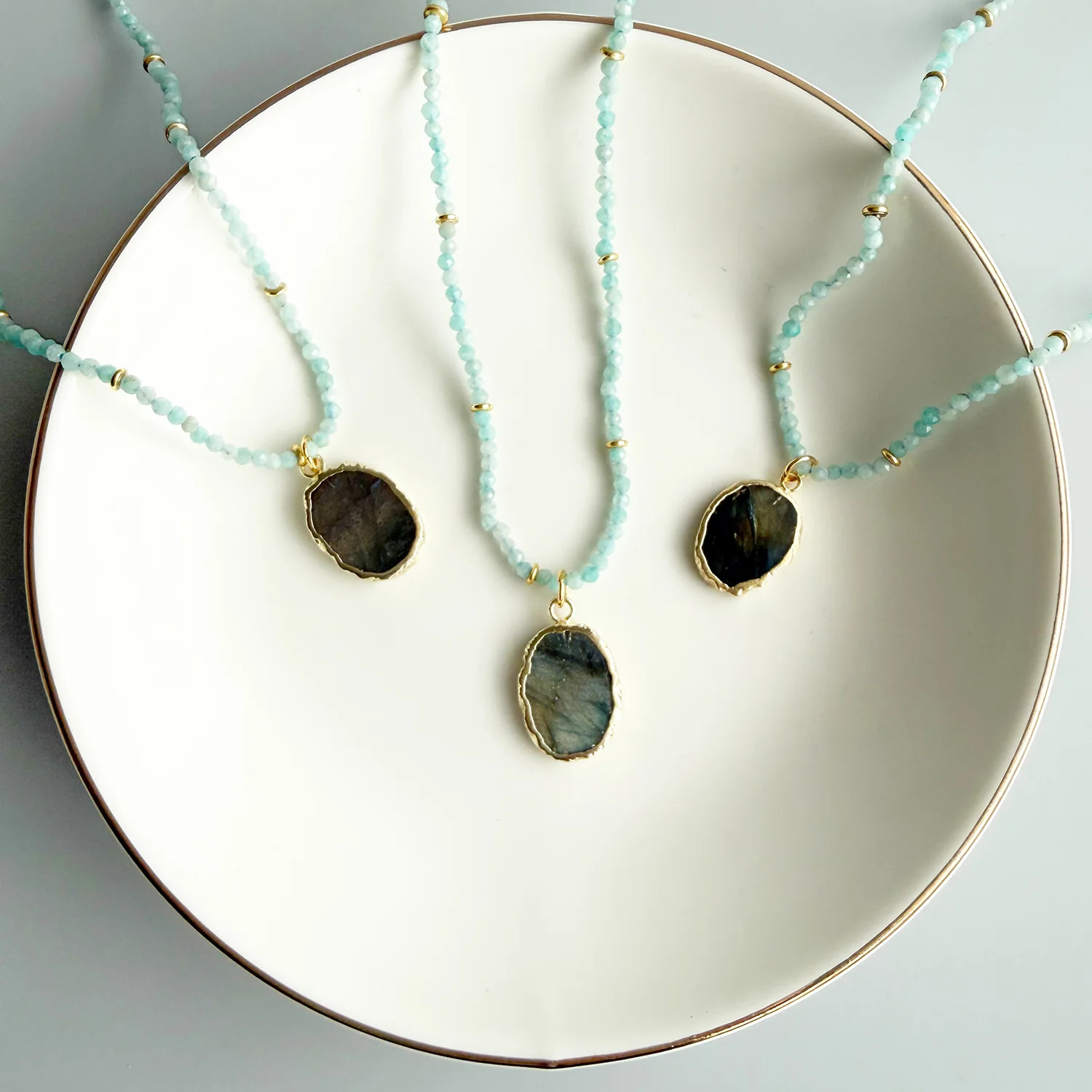 Labradorite Pendant and Amazonite Beaded Necklace in Gold | Rustic Gem Jewelry
