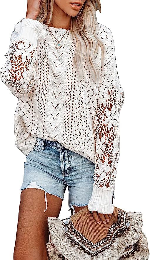 MIHOLL Women's Lace Crochet Sweater Long Sleeve Crewneck Knit Sweaters Jumper Tops at Amazon Wome... | Amazon (US)