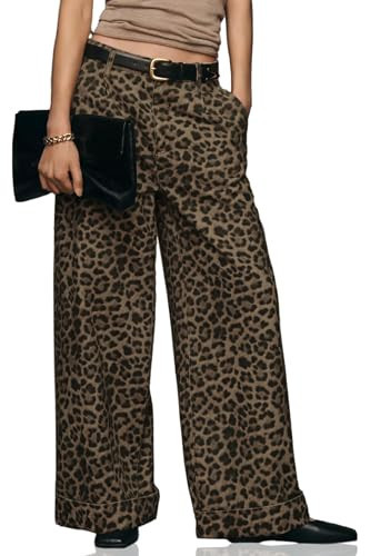 PEIHOT Wide Leg Cheetah Print Jeans for Woman Mid Waist Loose Cuffed Bootcut Denim Pants Casual 2025 Leopard | Amazon (US)