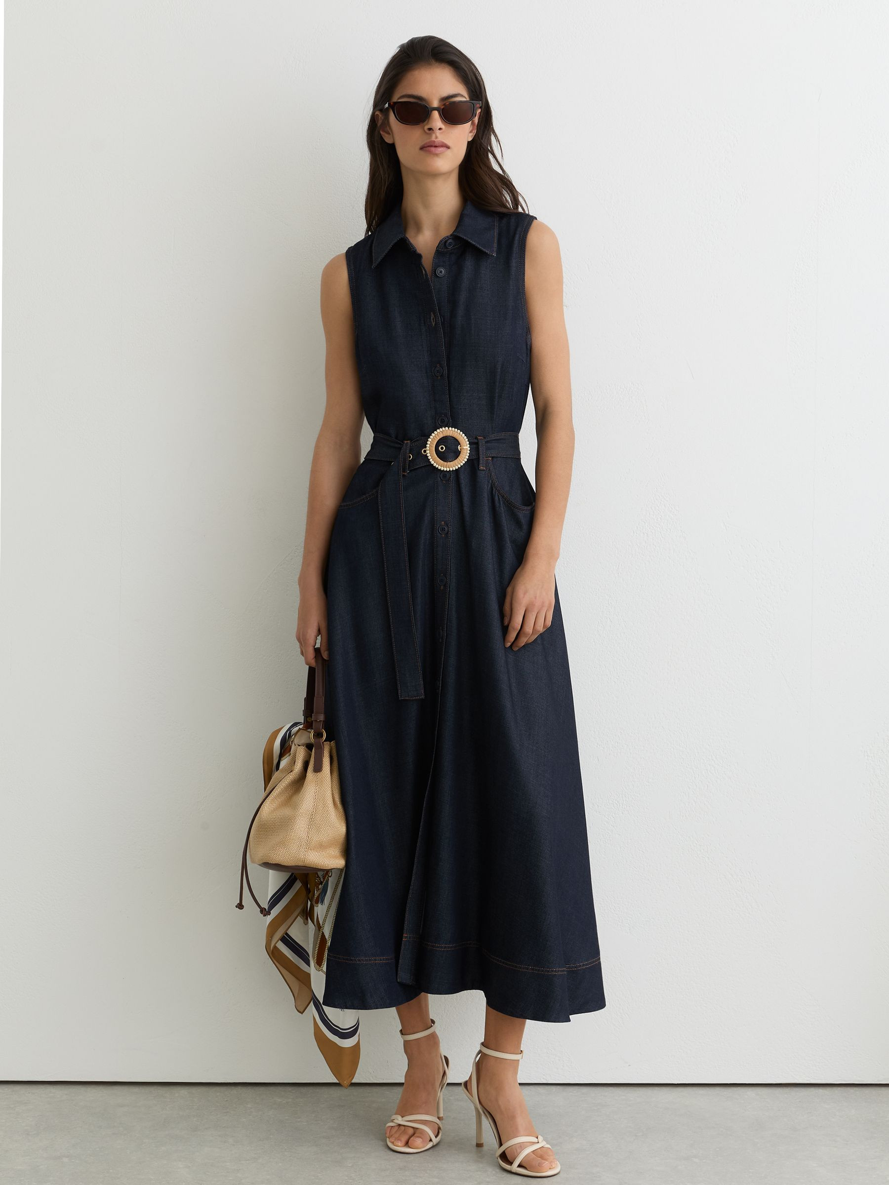 Reiss Button-Front Belted Denim Midi Dress in Indigo Blue | REISS | Reiss US