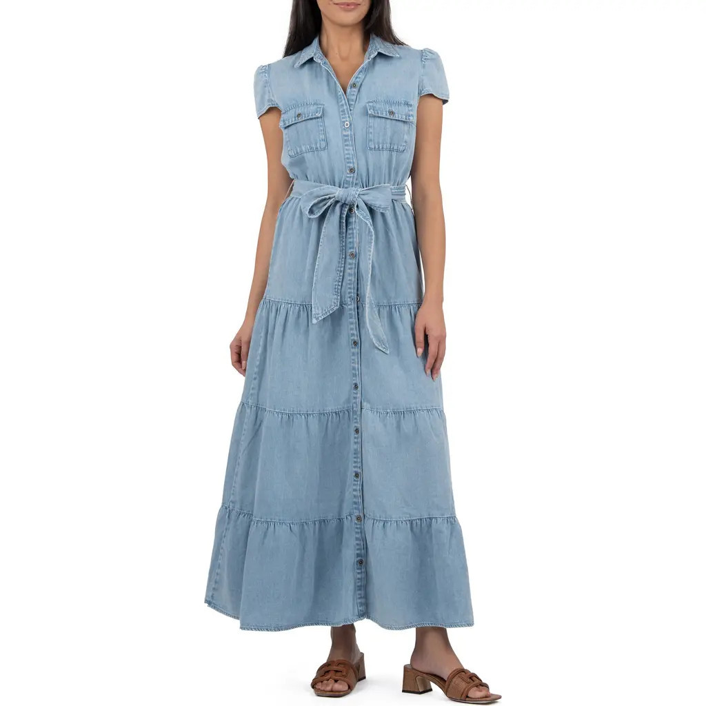 KUT from the Kloth Juno Cap Sleeve Maxi Dress in Light Wash at Nordstrom, Size X-Large | Nordstrom