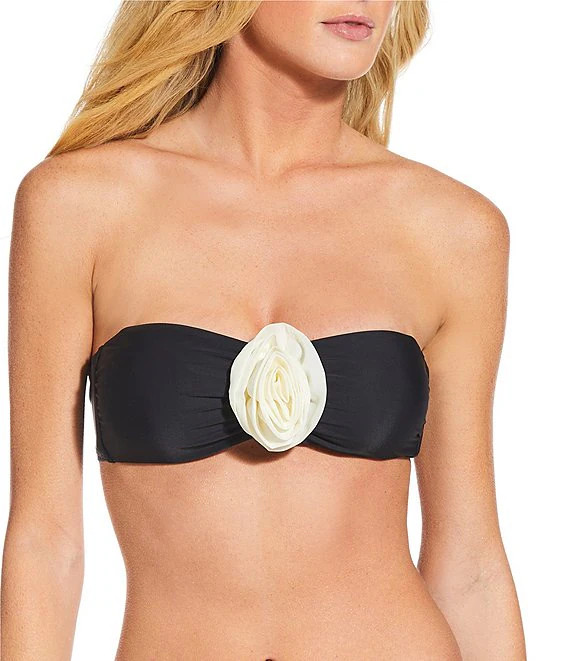 Gianni Bini Solid Rosette Strapless Tie Back Bandeau Swim Top & Solid Rosette V-Scoop Front Swim ... | Dillard's