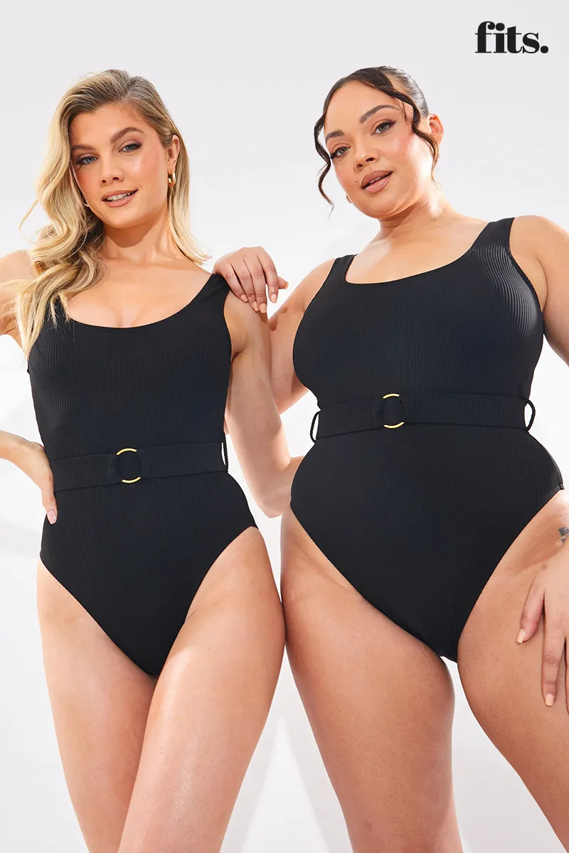 Contour Rib Square Neck Belted Swimsuit-In The Style | In The Style (UK)