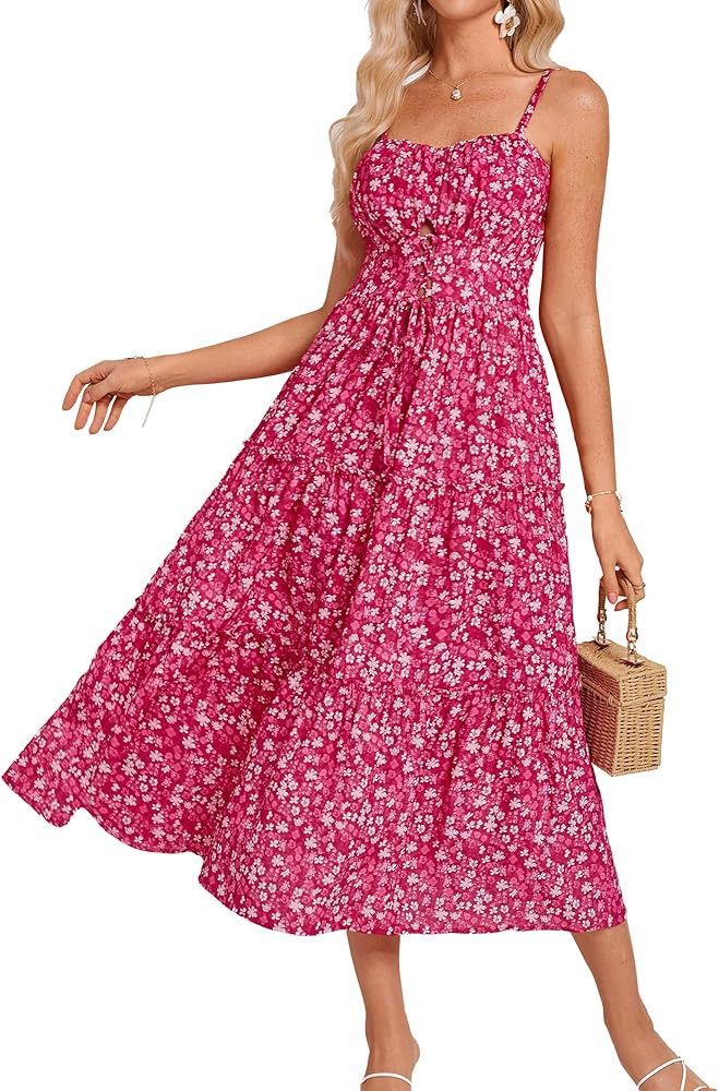 GRACE KARIN Women's Summer Floral Dress 2025 Spaghetti Strap Smocked Tiered Casual Beach Boho Max... | Amazon (US)