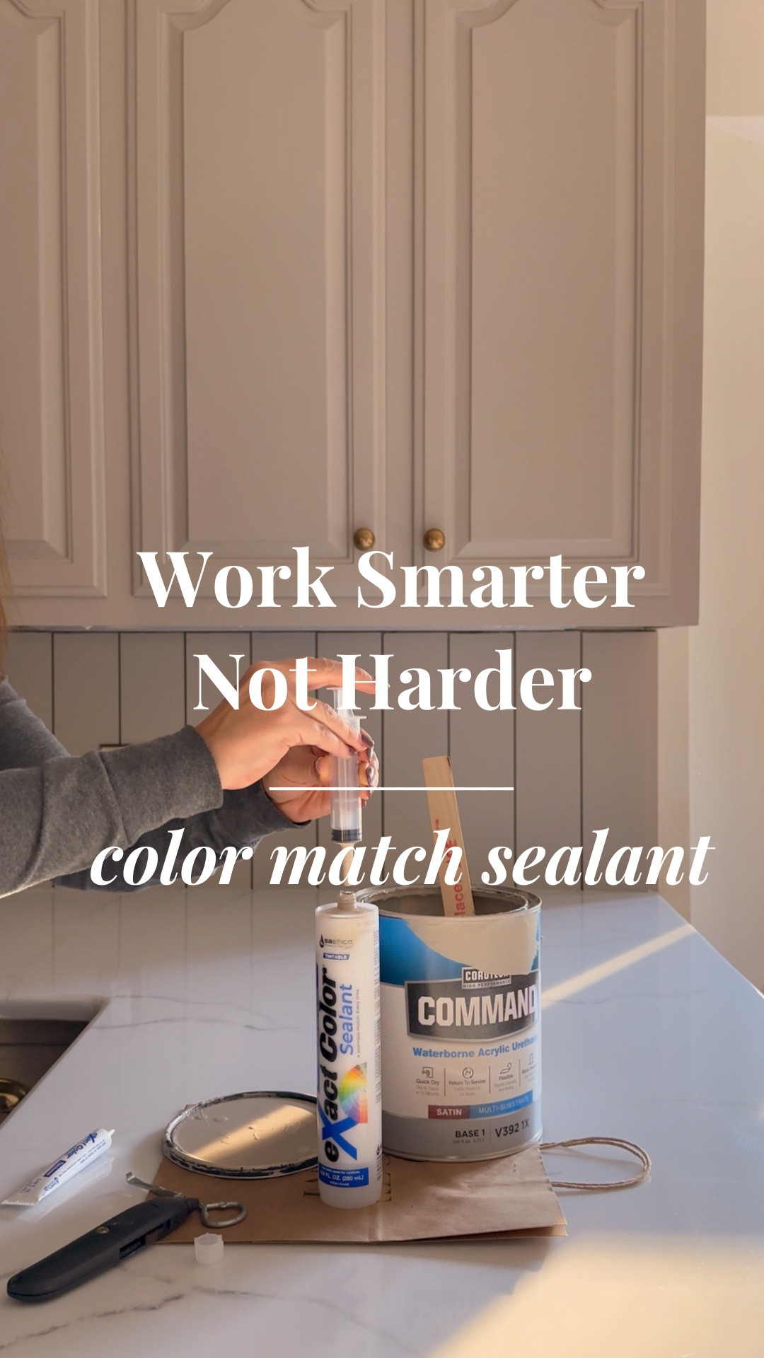 You’ve probably heard of paintable caulk but have you heard of tintable caulk? Comment SHOP and I’ll send this straight to your inbox 💌

I’m all about working smarter not harder, especially with a large scale renovation like a kitchen. Exact color caulk takes a step out of the process by allowing you to color match your caulk to your paint color. And it couldn’t have been easier. Here’s all you need to do:

- snip the caulk bottle open
- add 20 ml of your paint to the caulk (measuring tool included)
- screw lid on and shake for 60 seconds
- add provided thickener
- add lid and shake for 60 more seconds
- wait 30 minutes
- caulk as you normally would

I’m not kidding when I say I’ll never buy paintable caulk again. I wish I would’ve discovered this sooner because it’s a game changer! Comment SHOP and see for yourself!

#sashco #ExactColor #Caulking #Painter #sealant #diy #womenwhodiy #homeimprovement #diyprojects #paint #painting #caulk #worksmarternotharder

Moody | Cozy | Cozy Interiors | Moody Aesthetic | Secondhand | vintage | home improvement | renovation | traditional | interior design | design inspo | home decor | antiques | thrifted finds | collected home | thrifting | affordable decor | DIY | facebook marketplace  | FBMP | estate sales | sustainable | upcycle | Nashville