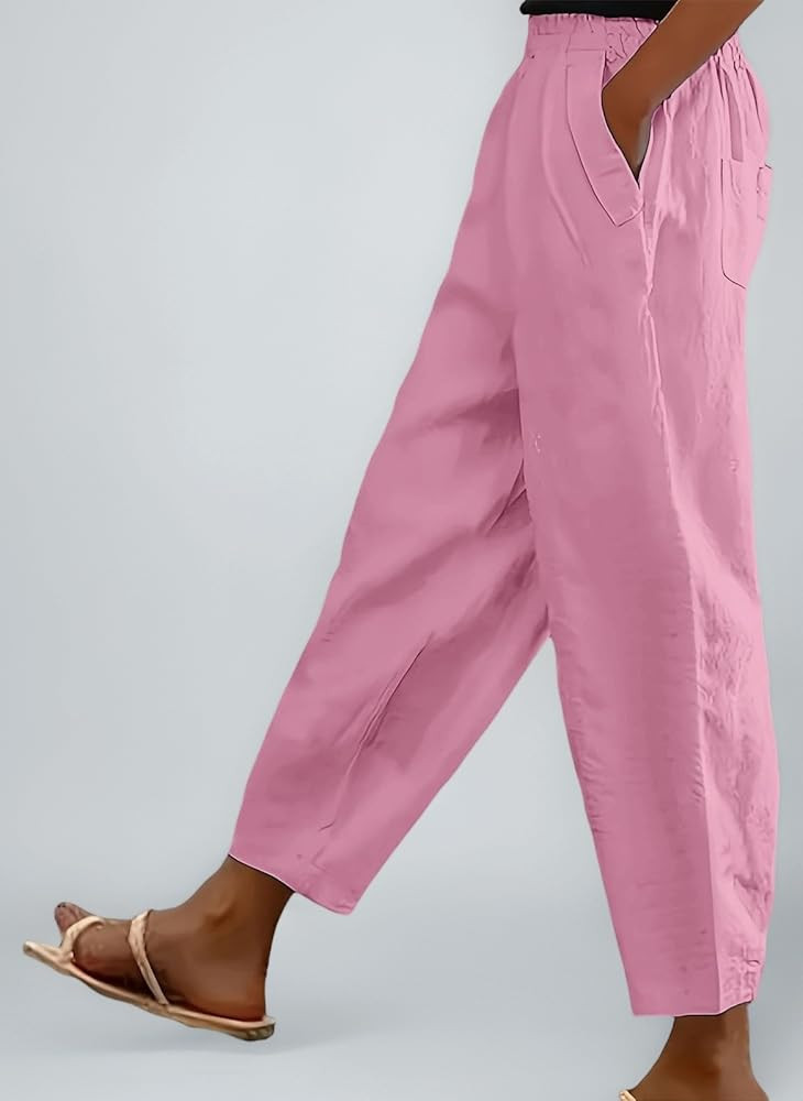 Cotton Linen Trouser Women UK Solid Color Elasticated Waist Trouser Ladies Summer Lounge Pants Lo... | Amazon (UK)