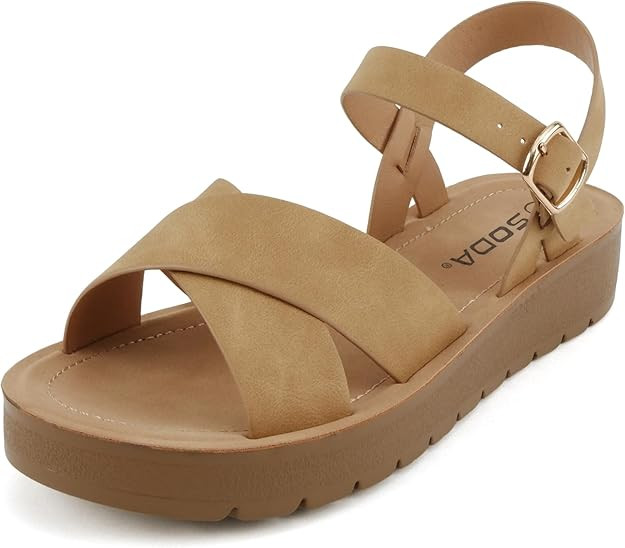 Soda CHESTER ~ Women Flat Sandals Flatform Ankle Buckle Criss Cross Band Straps Sandals Shoes | Amazon (US)