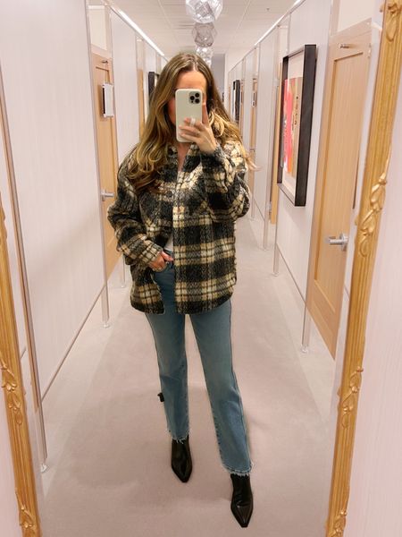 The only Shacket I liked at the NSALE! Runs true to size, wearing S. Also these Good American jeans run true to size (wearing 26)  