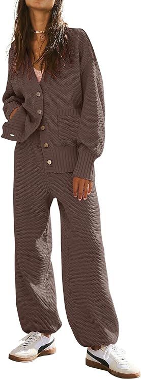 ETCYY NEW Women's 2 Piece Outfit Lounge Set Trendy Cardigan Sweater Pants Sets V Neck Button Pock... | Amazon (US)