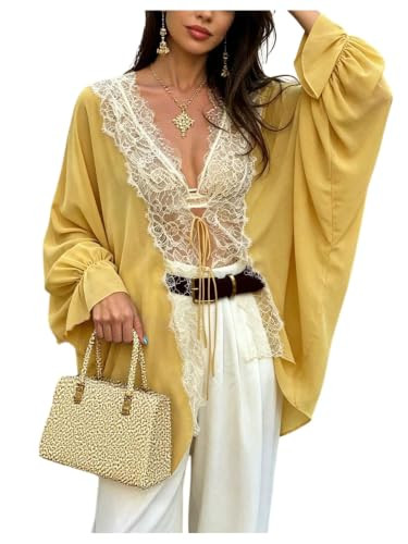 SOLY HUX Women's Lace Blouse V Neck Tie Front Long Sleeve Oversized Shirt | Amazon (US)