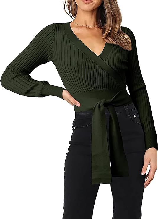 PRETTYGARDEN Women's Fashion Wrap V Neck Cropped Sweater Long Sleeve Solid Slim Fit Belted Pullov... | Amazon (US)