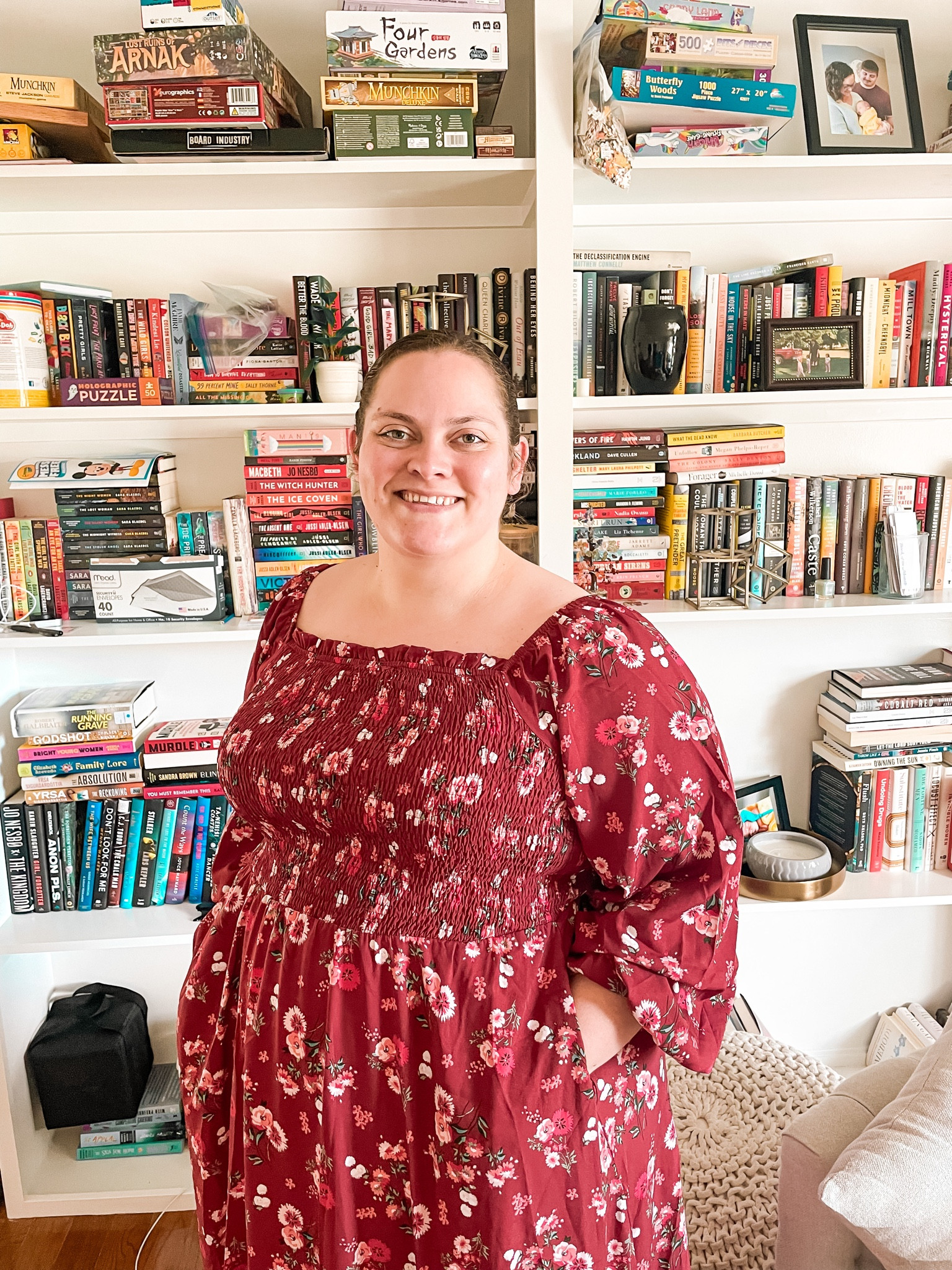 Floral dress, off-shoulder dress, plus-size dress, reading room,  book shelves, Bloomchic, maxi dress, long sleeve dress, fall dress, fall outfit, plus-size fall outfit, plus-size inspo

#LTKfindsunder50 #LTKplussize #LTKSeasonal