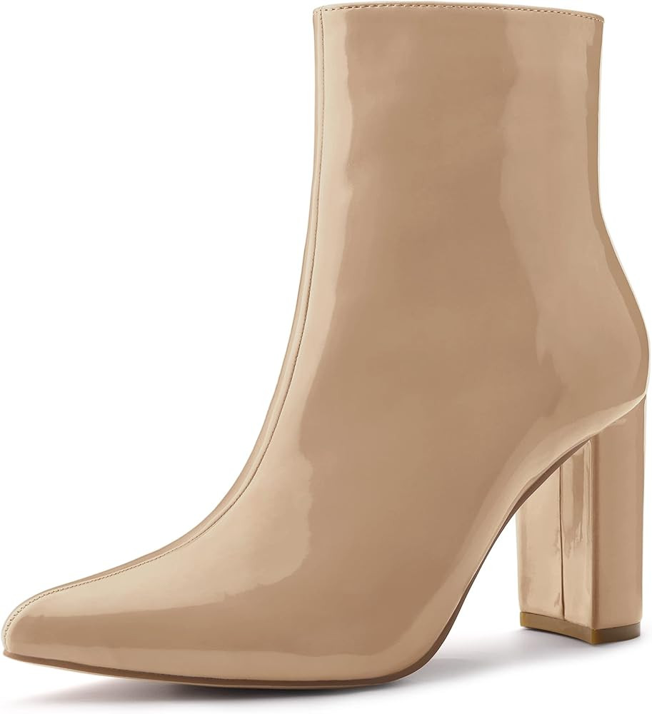 Allegra K Women's Chunky Heel Pointed Toe Zipper Ankle Boots | Amazon (US)