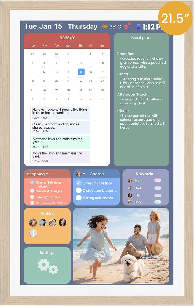 21.5-Inch Smart Digital Calendar & Photo Frame for Family, Wood Frame Large Wall Planner with Aut... | Amazon (US)