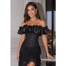 Off-Shoulder Ruffle-Trim Jacquard Corset Top in Black for Bridal Party & Cottagecore Date | Chicwish