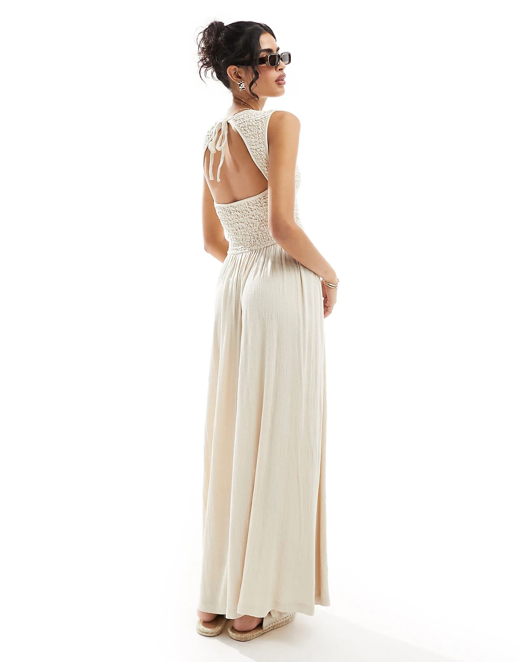ASOS DESIGN crinkle shirred bodice maxi dress with open back in stone | ASOS (Global)