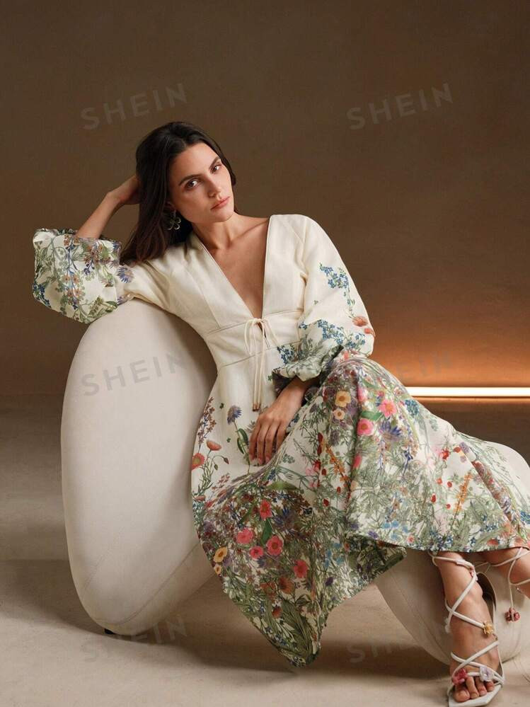 Anewsta Floral Print Long Sleeve Linen-Like Casual Dress, Early Autumn | SHEIN USA | SHEIN