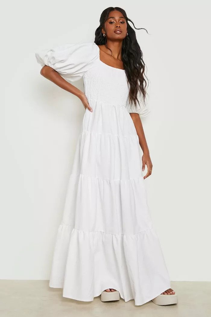 Extreme Puff Sleeve Shirred Maxi Smock Dress | boohoo (US & Canada)