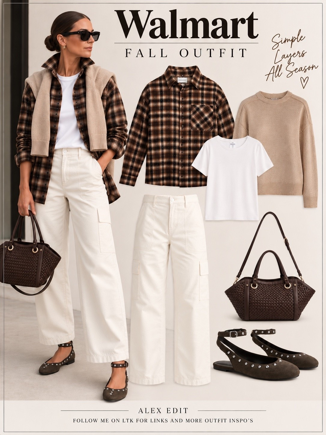 Some of my favorite button-ups and flannels are actually found in the men’s department, and this brown plaid shirt is exactly why I always take a look!

I love the contrast of the rich brown plaid against the soft ivory corduroy pants. The texture adds another dimension to the outfit, while the subtle barrel silhouette keeps it relaxed and effortless. A neutral crewneck draped over the shoulders gives you another layering option as temperatures change.

And to balance the more masculine feel of the oversized shirt, I added a woven chocolate brown bag and studded slingback ballet flats for just the right feminine touch.

A little masculine, a little feminine, and completely wearable. All from Walmart!