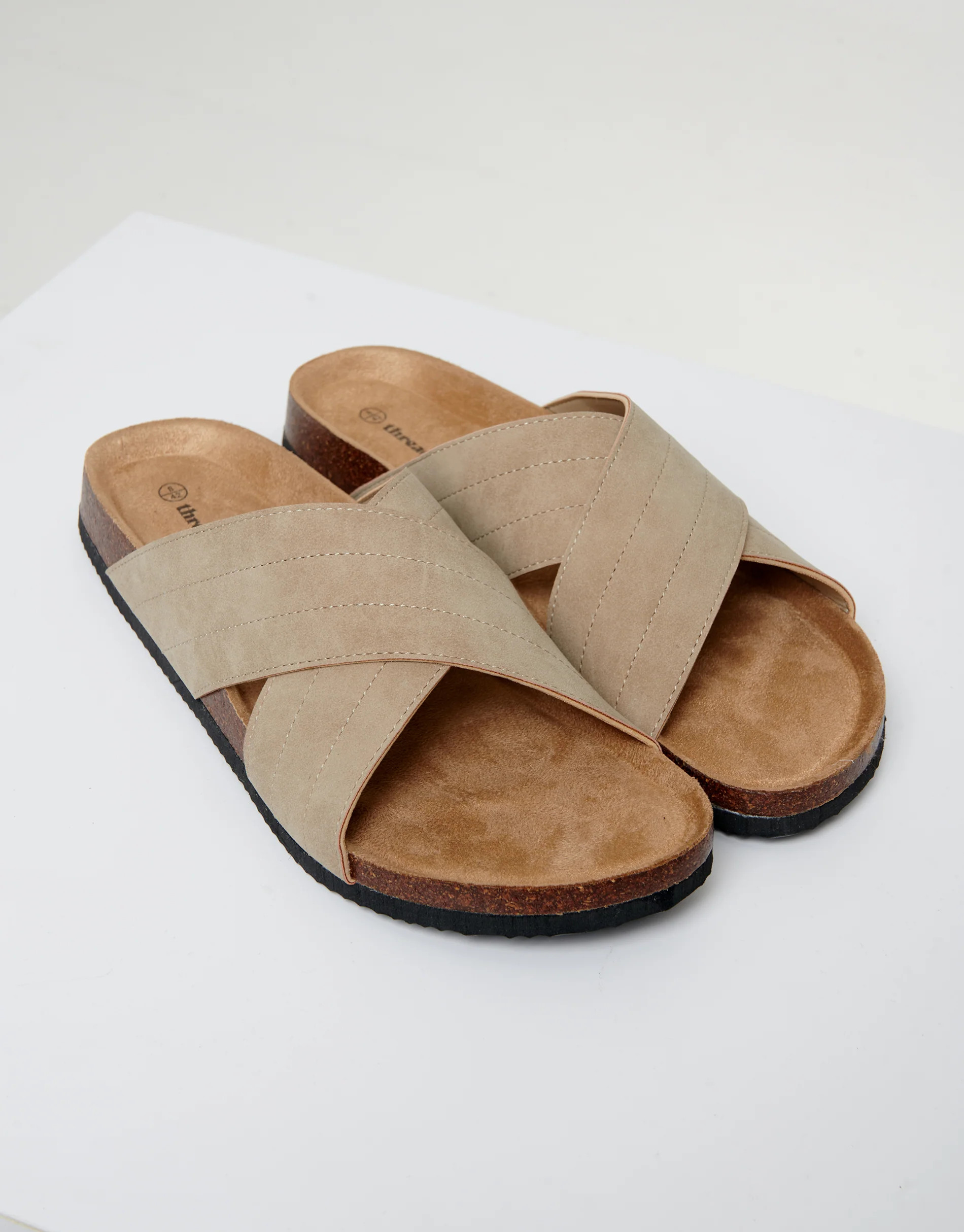 Faux Suede Cross Strap Sandals in Beige | Threadbare UK