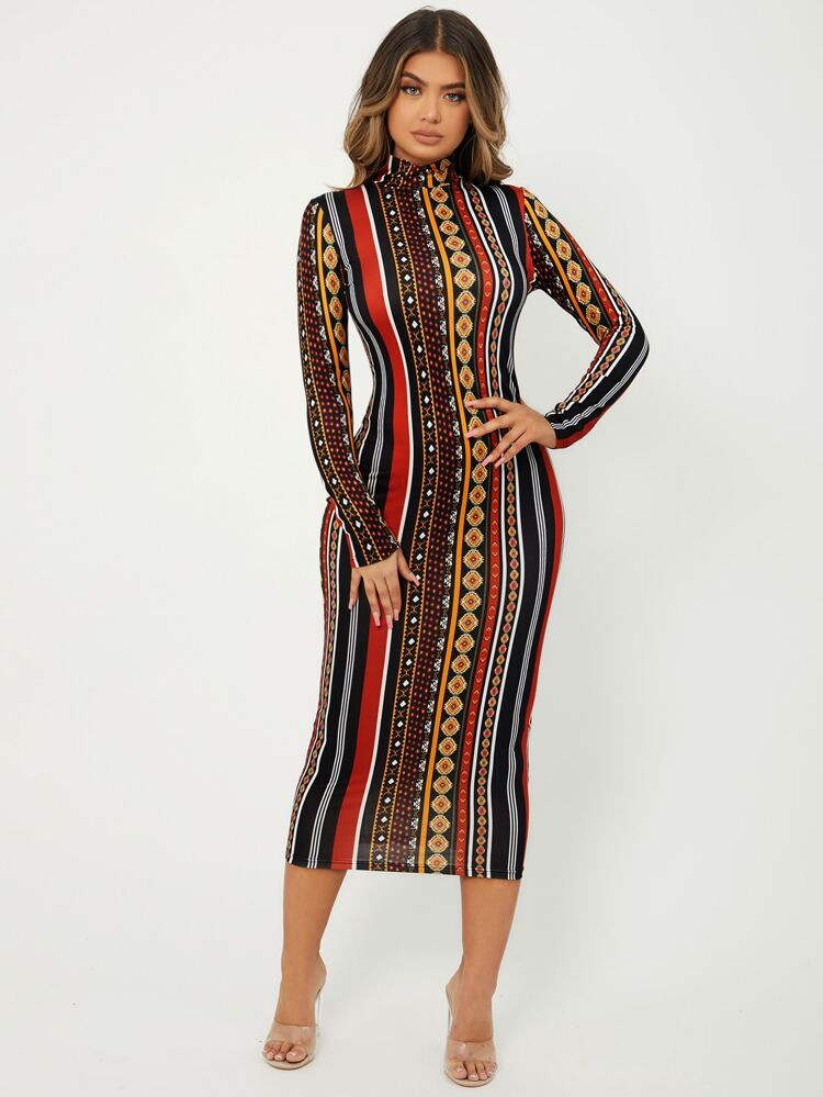 SHEIN SXY Geo & Striped Print Bodycon Dress | SHEIN