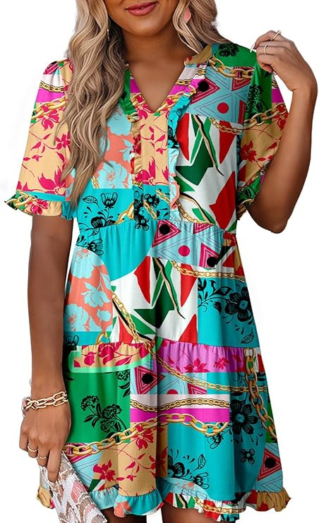 Dokotoo Women's V Neck Short Sleeve Tiered Ruffle Mini Skater Dress Casual Summer Swing Tunic Dre... | Amazon (US)