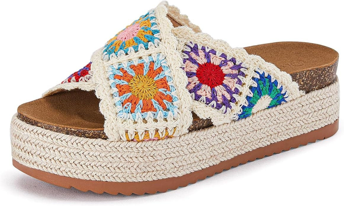 Coutgo Womens Platform Espadrille Sandals Flatform Floral Crochet Cork Open Toe Summer Beach Slid... | Amazon (US)