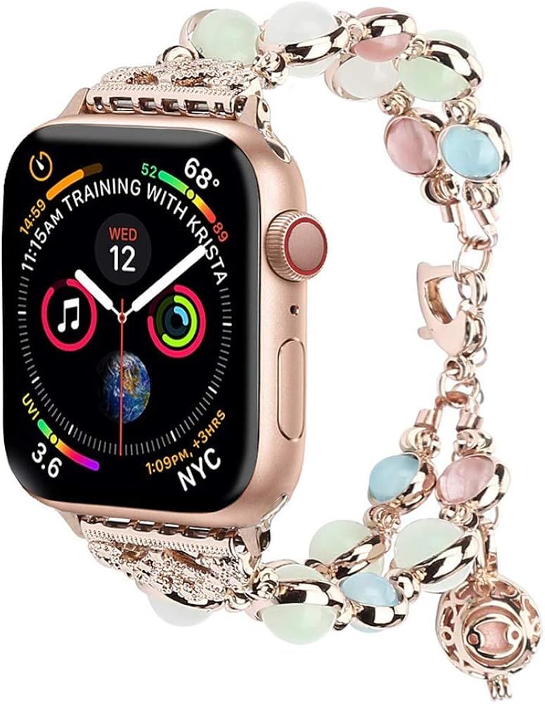 Light Compatible with Apple Watch Band, Elastic Beaded Night Luminous Pearl Beautiful Women Girl ... | Amazon (US)