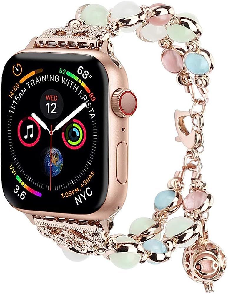 Light Compatible with Apple Watch Band, Elastic Beaded Night Luminous Pearl Beautiful Women Girl ... | Amazon (US)