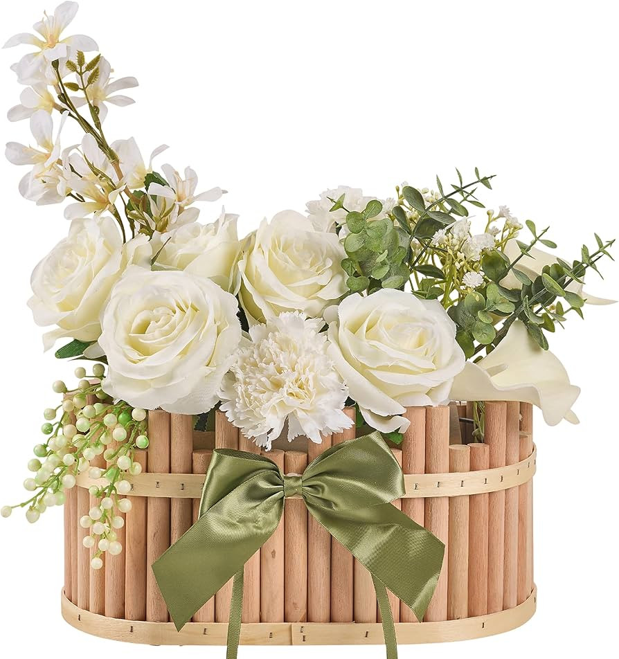 Elegant Artificial Flowers Centerpiece Table Decoration: high-end Faux White Roses with Wood Bask... | Amazon (US)