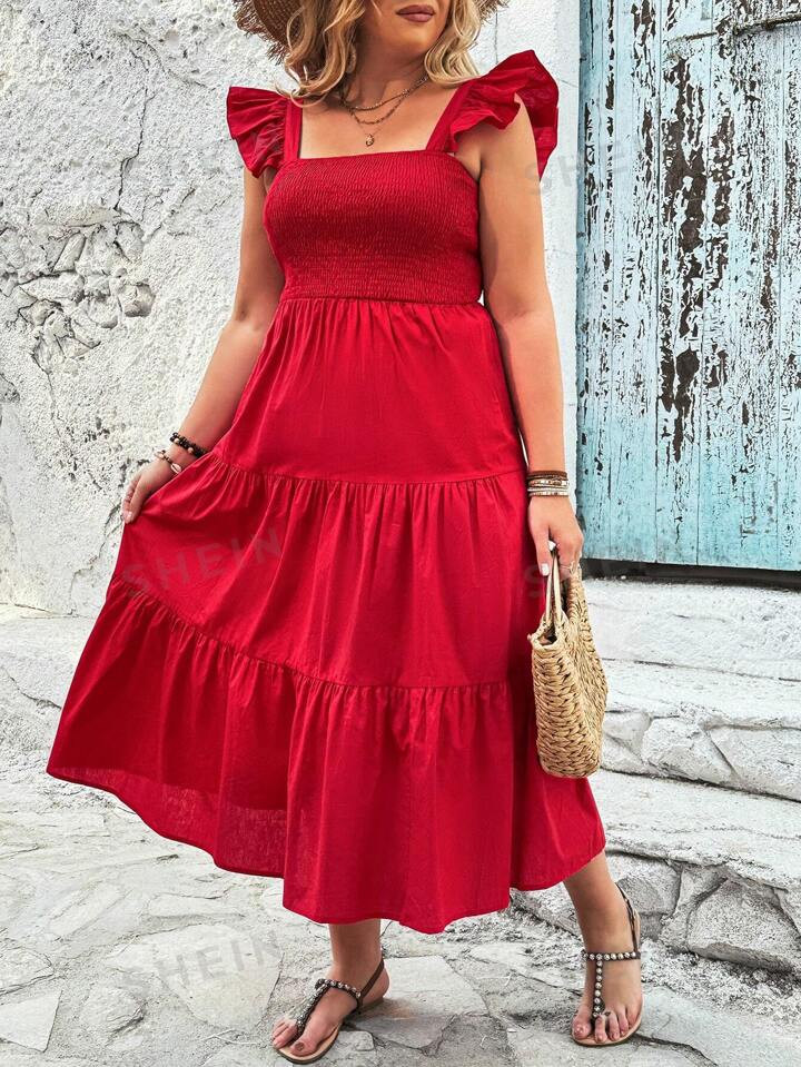 SHEIN VCAY Plus Size Women's Square Neckline Flying Sleeve Flared Dress | SHEIN