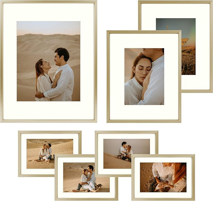 Frametory, Aluminum Picture Frames Set of 7 - Gold Gallery Wall Kit - Displays One 11x14, Two 8x1... | Amazon (US)