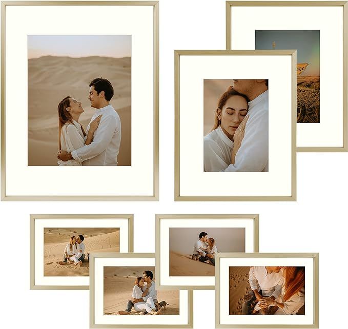 Frametory, Aluminum Picture Frames Set of 7 - Gold Gallery Wall Kit - Displays One 11x14, Two 8x1... | Amazon (US)