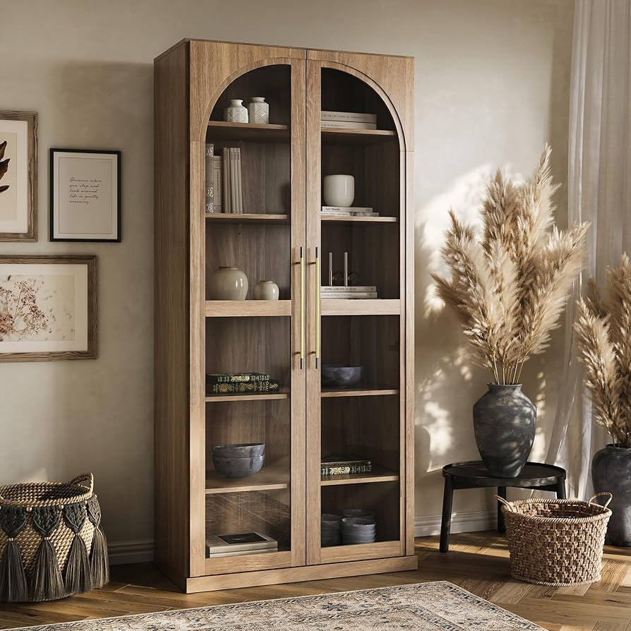 BELLEZE 67" Storage Cabinet, 6 Shelf Glass Bookshelf Display Cabinet, Modern Wood Wine Curio Cabi... | Amazon (US)