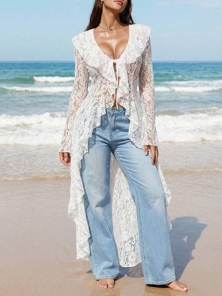 Swim Vcay Glamine Fr\u00fchling & Sommer romantischer Urlaub mit R\u00fcschen eleganter durchsich... | SHEIN