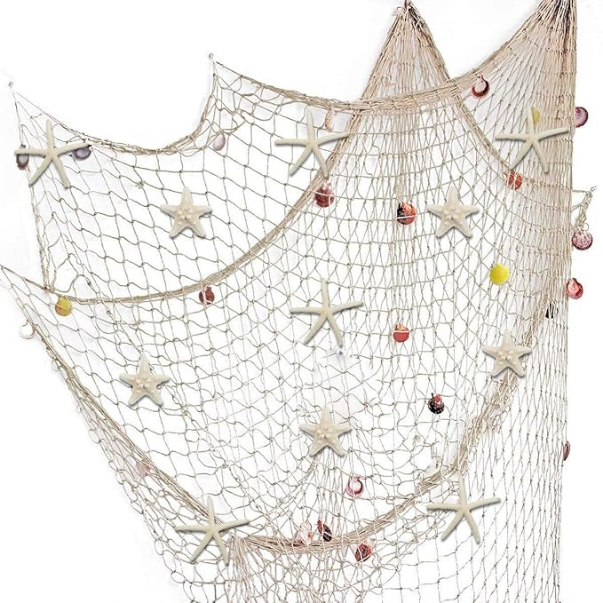 79 x 59 inch Nature Fish Net Wall Decoration with Colorful Sea Shells and 10 Pcs Natural Starfish... | Amazon (US)