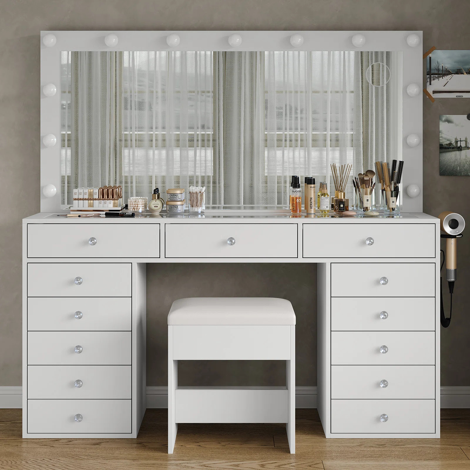 13 Drawers Vanity Desk, Makeup Vanity With Power Outlet, Vanity Table With Mirror And 12 LED Bulb... | Wayfair North America
