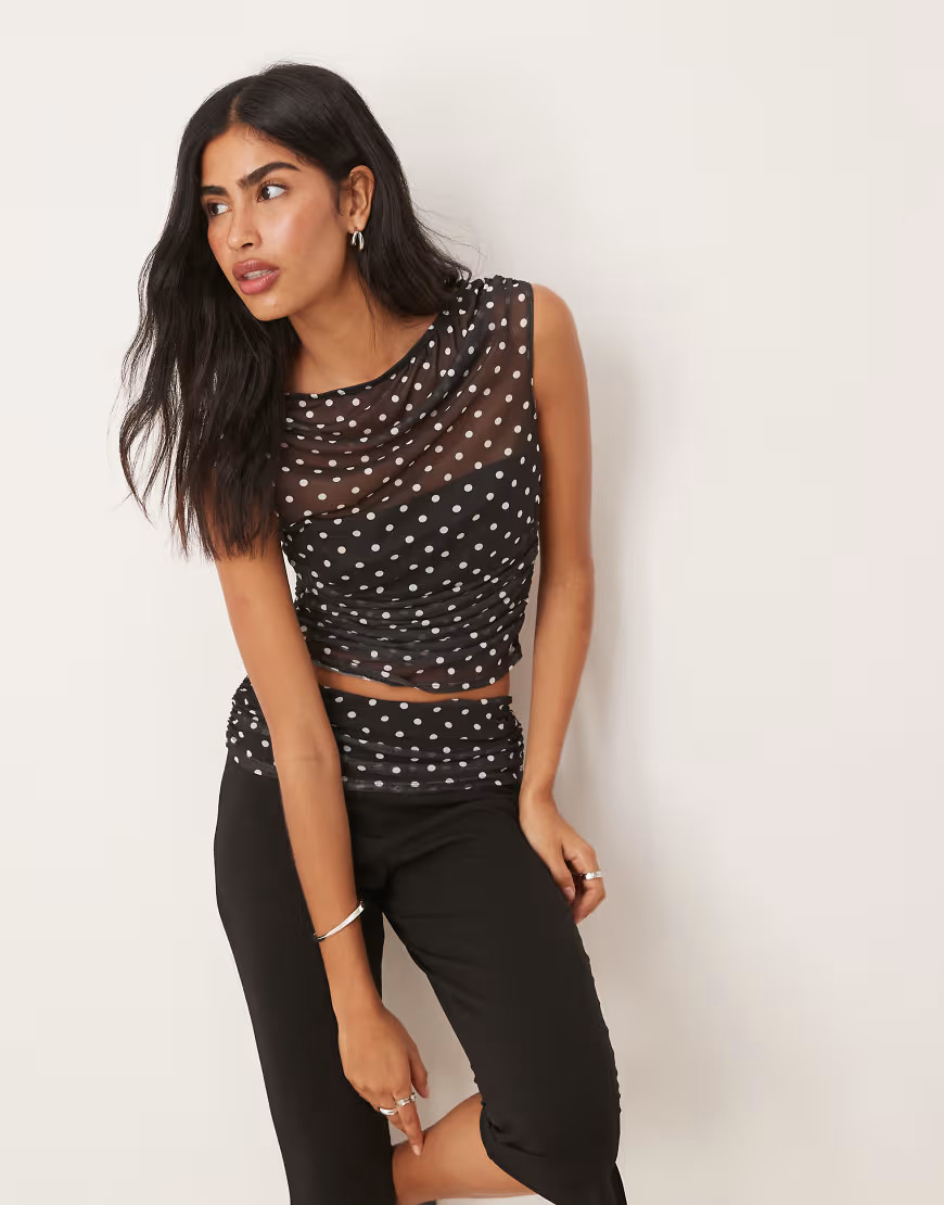 ASOS DESIGN gathered short sleeve off-shoulder mesh top in black polka dot - part of a set-Multi | ASOS (Global)