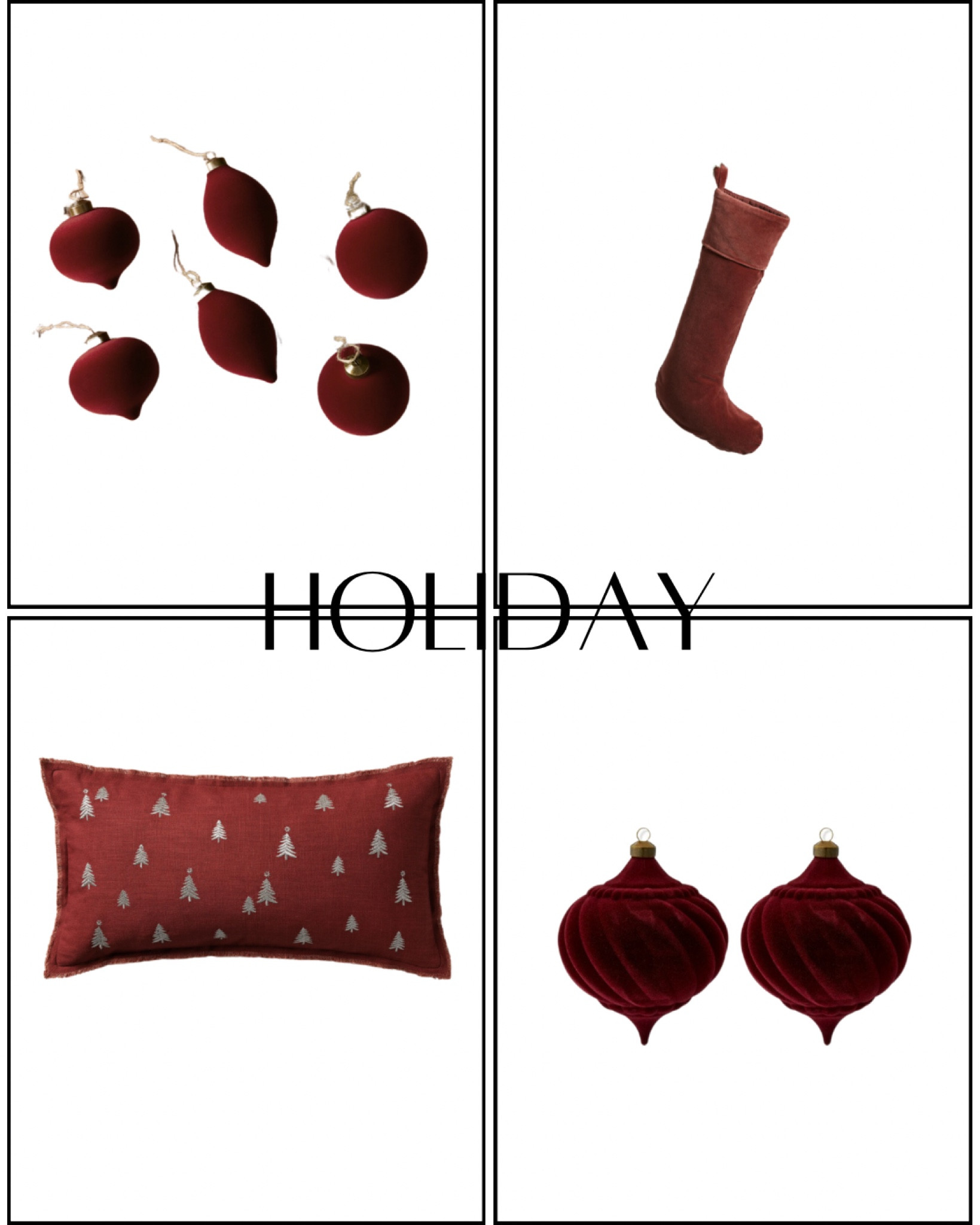 Holiday decor
Color of the season 
Burgundy decor 
Ornaments 
Christmas stocking 
Holiday pillow 

#LTKHome #LTKSeasonal #LTKFindsUnder50