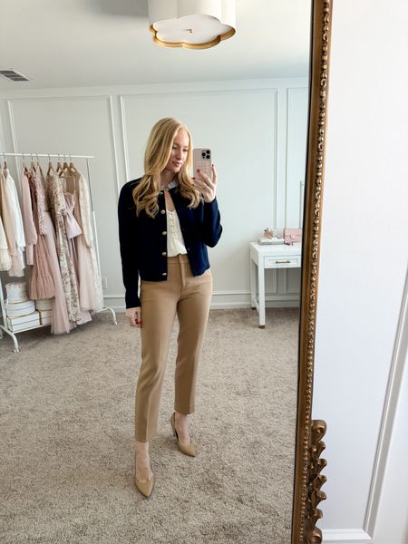 New arrivals from Loft! This would make a great spring workwear look. I layered a navy cardigan over this white button up tank paired with dress pants and pointed toe heels  

#LTKstyletip #LTKSeasonal #LTKworkwear