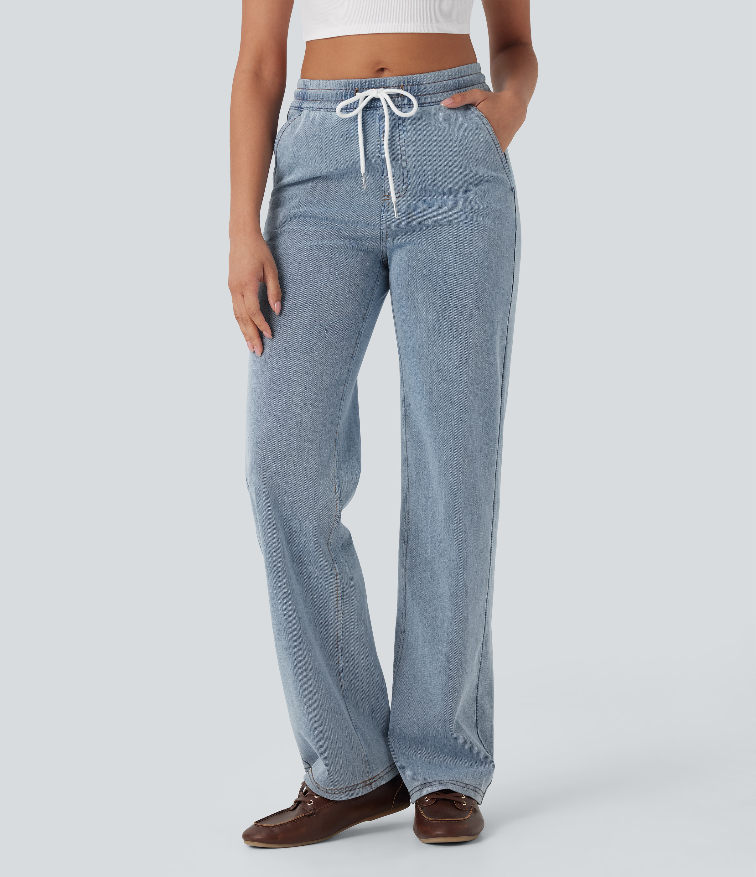Halara Halara Flex™ Mid Rise Drawstring Straight Leg Casual Jeans with Pockets - Malibu Blue Denim - XS(regular) | HALARA