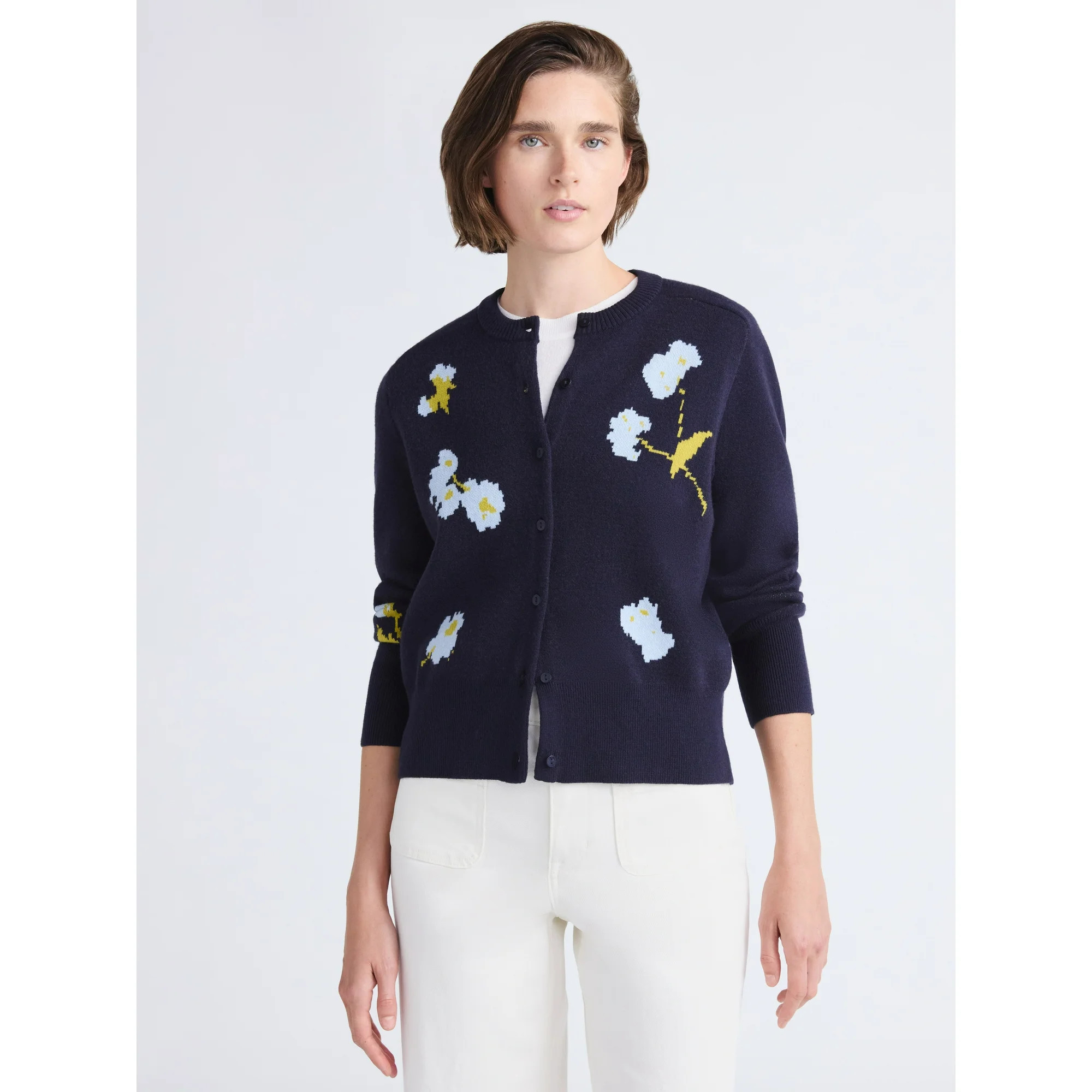 Free Assembly Women's and Women's Plus Floral Jacquard Shrunken Cardigan Sweater, Midweight, Size... | Walmart (US)
