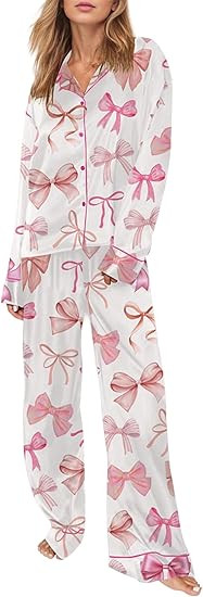 Springcmy Women Valentine Satin Pajamas Long Sleeve Shirt Pants Silk Heart Bow 2Pcs Sleepwear Lou... | Amazon (US)