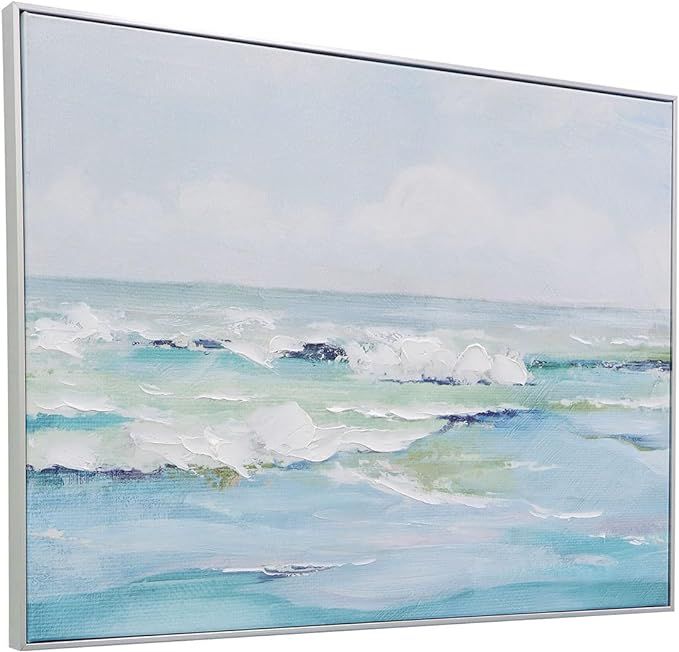 Seascape Abstract Canvas Wall Art - Framed 32" x 24" Blue and White Sea Wave Oil Canvas Artwork f... | Amazon (US)